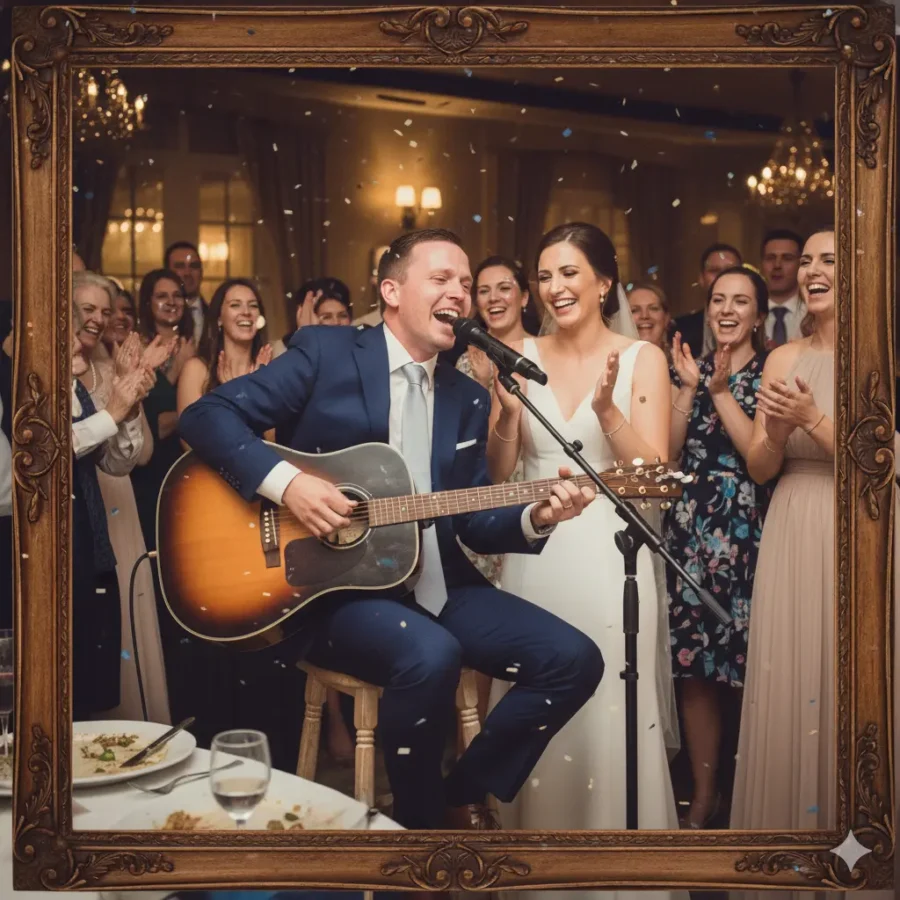 “Groom playing guitar at wedding reception.”