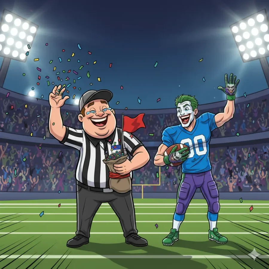 Cartoon football referee laughing while throwing confetti, with a player wearing Joker gloves waving on the field.