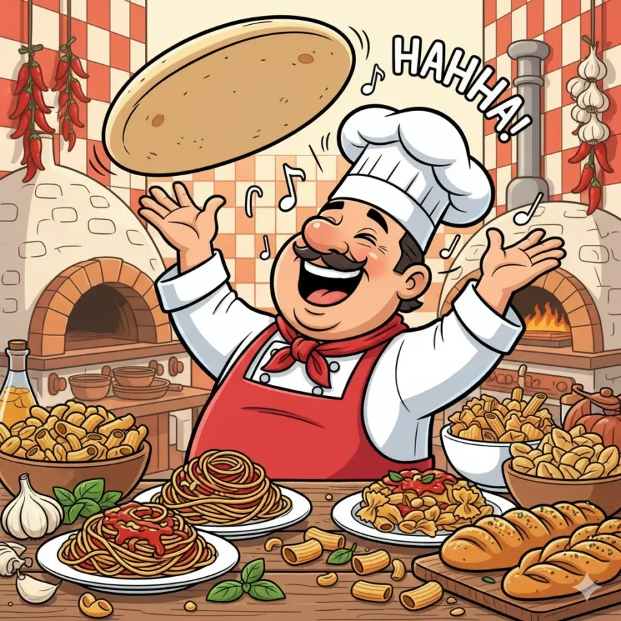 “Italian chef laughing while making pizza and pasta, capturing the spirit of foodie Italian jokes.”