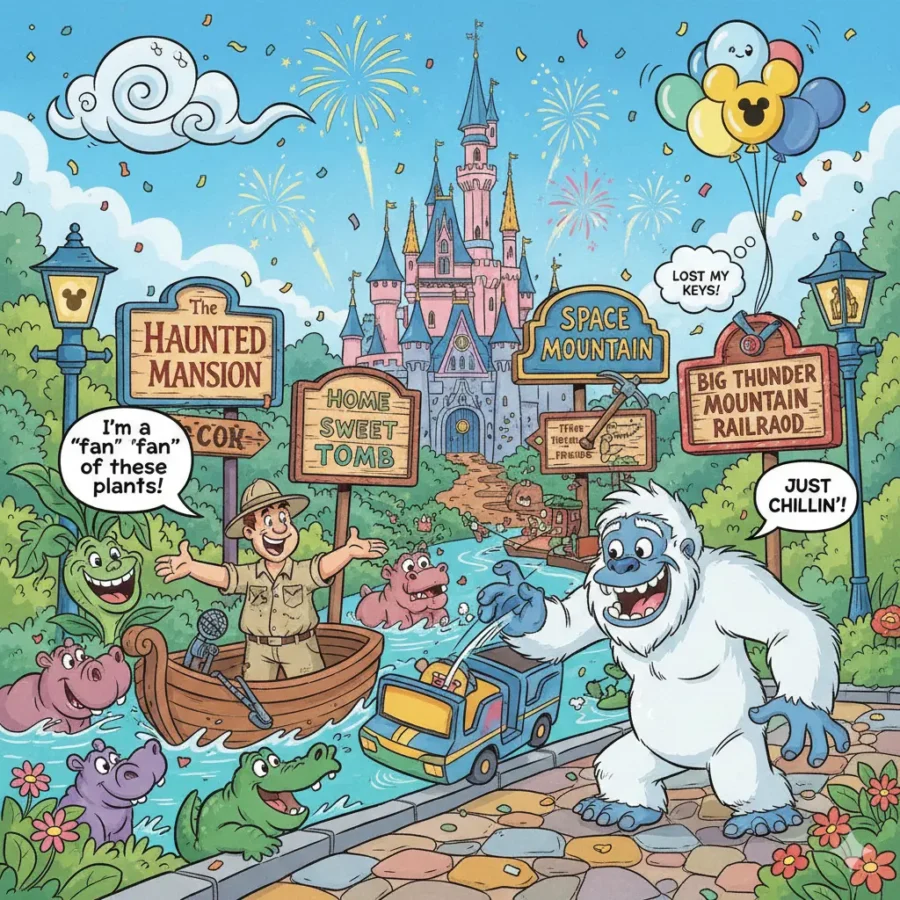 “Colorful illustration showing fun Disney Parks inside jokes, including hidden Mickeys, a cartoon Yeti, Jungle Cruise puns, and playful theme-park icons.”