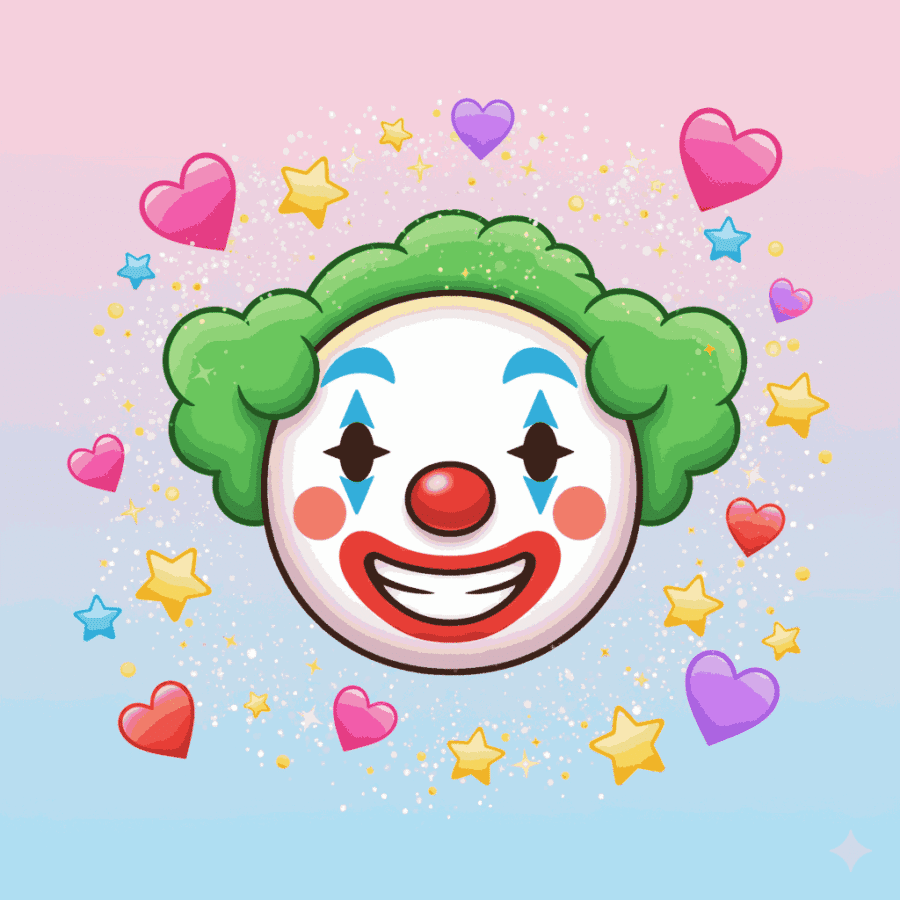 "Cute joker emoji with hearts and sparkles, smiling playfully for fun social media captions."