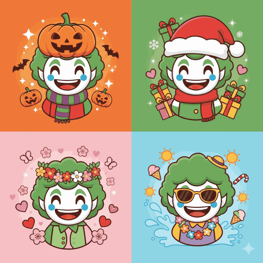 "Seasonal joker emoji in festive outfits with pumpkins, snowflakes, or flowers for fun holiday captions."