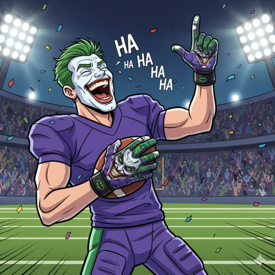 A cartoon football player wearing joker gloves shares a laugh mid-game under the dazzling stadium lights — where humor meets hustle! 🏈✨