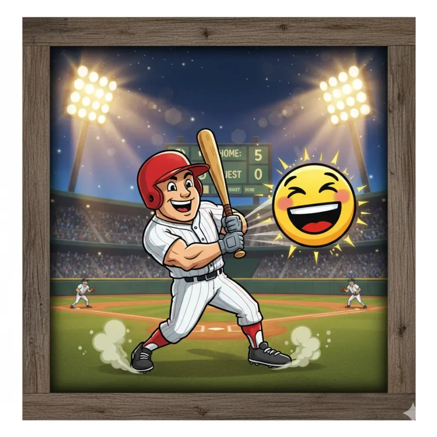 Funny baseball player swinging bat and laughing, jokes about baseball humor.
