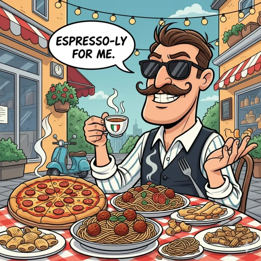 “Italian man with a smirk enjoying coffee and pizza, showing the clever humor of sarcastic Italian jokes.”