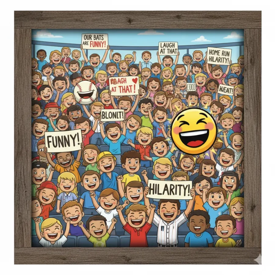 Baseball fans in stands laughing with funny signs, stadium baseball humor.