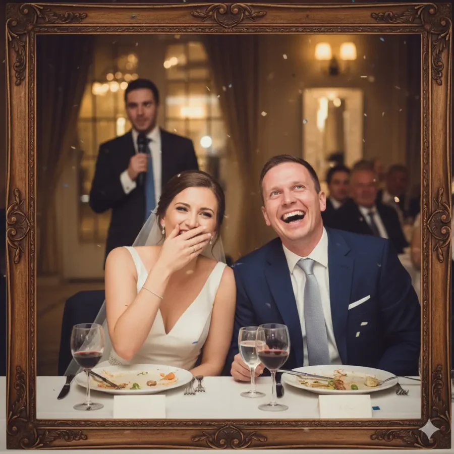 “Couple rolling eyes while laughing during speeches.”