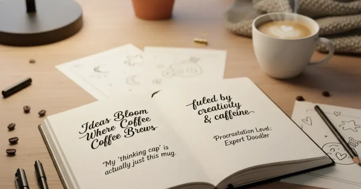 “Stylish handwritten quotes and caption-ready lines on a notebook with cozy desk elements like pens and coffee.”