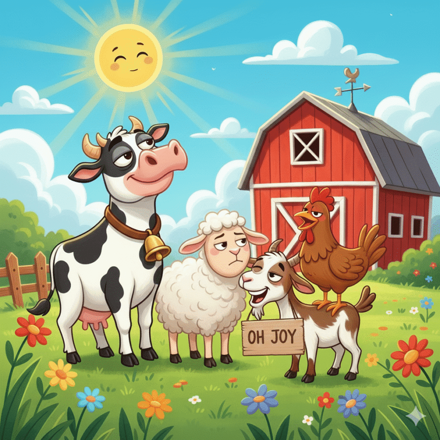 “Sarcastic cartoon farm animals making funny expressions on a bright farm background.”