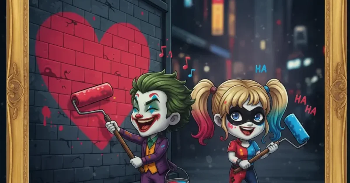 Romantic Joker painting red and purple hearts.