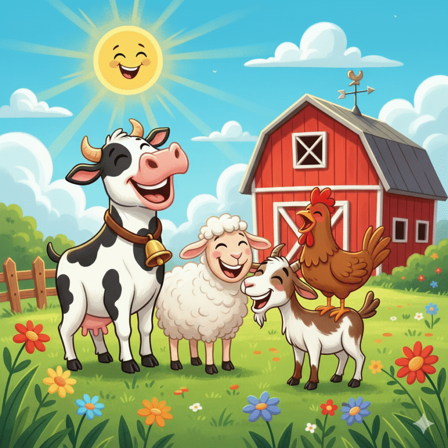 “Cute cartoon farm animals laughing together near a red barn in a bright and playful scene.”
