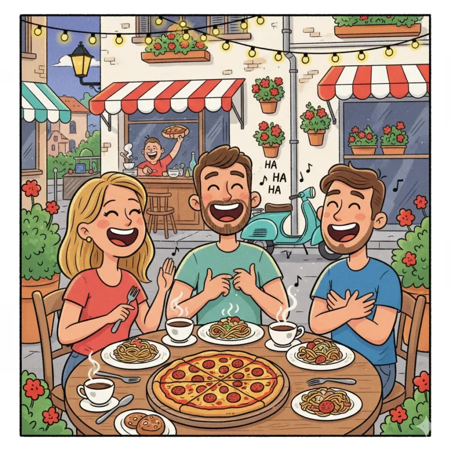 “Friends laughing and sharing funny Italian jokes in a cozy café with pizza and coffee.”
