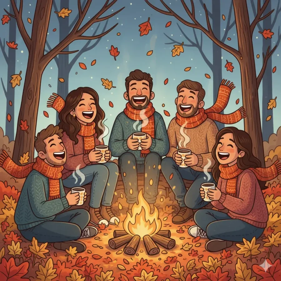 funny-november-jokes-friends-laughing-by-campfire