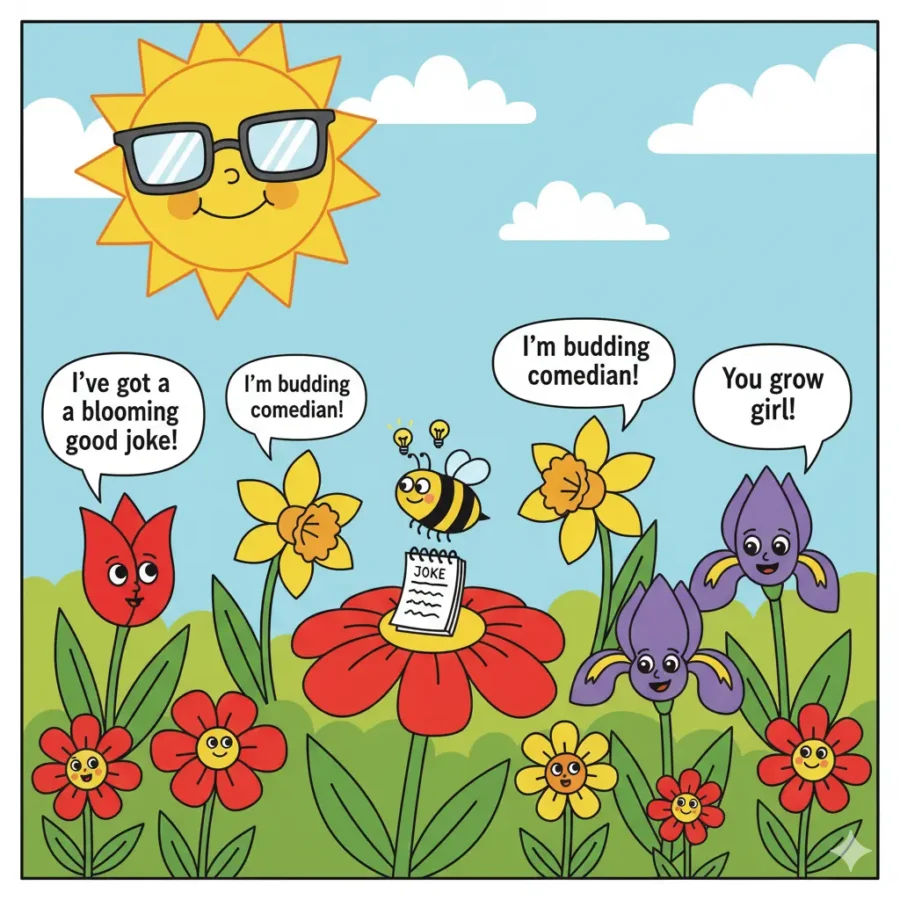 “Funny spring illustration with a sun wearing glasses and clever flowers sharing witty puns in a garden.”