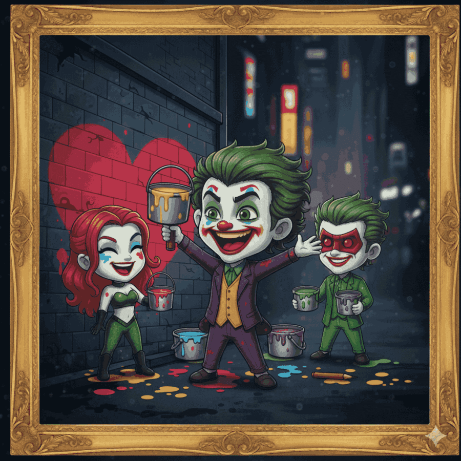  Joker and friends laughing in colorful chaos.