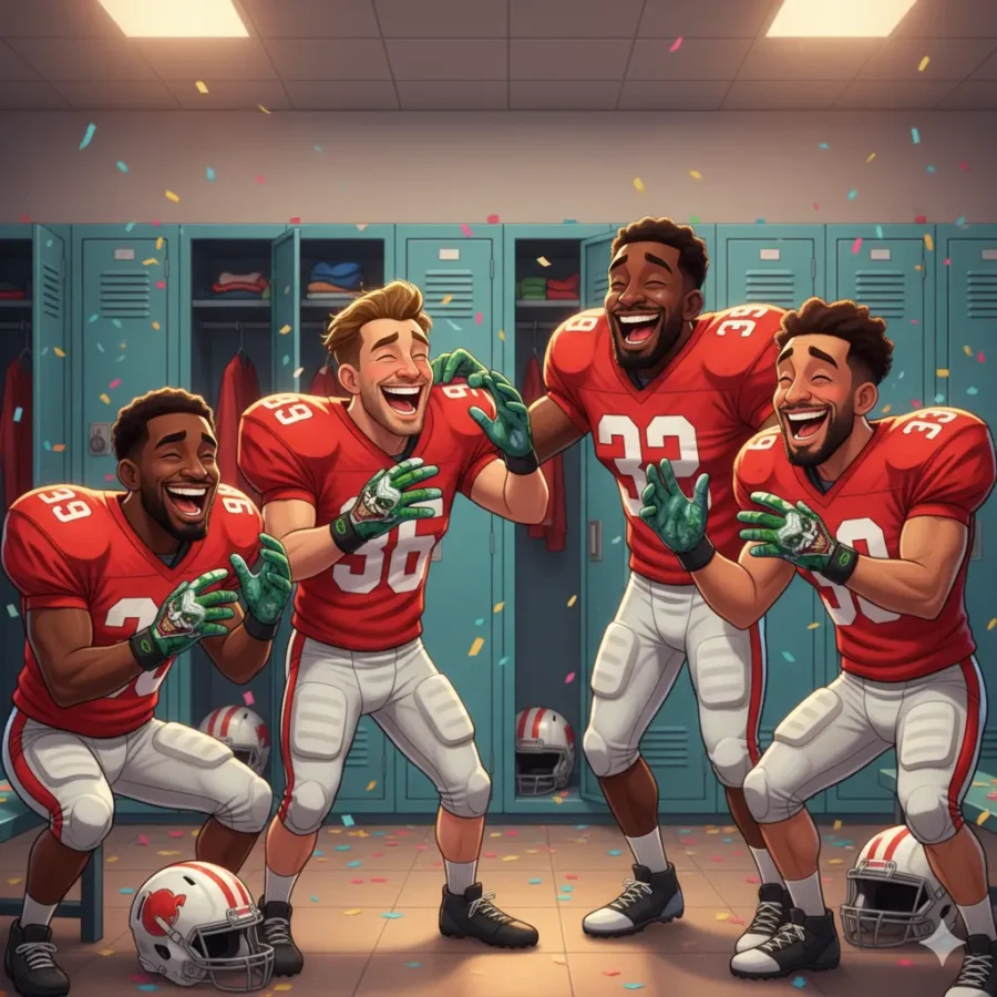 Cartoon football players laughing together in a bright locker room, all wearing colorful Joker gloves.