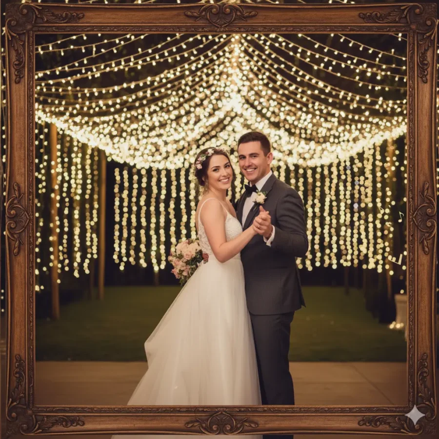 “Cute couple dancing under fairy lights at a wedding.”