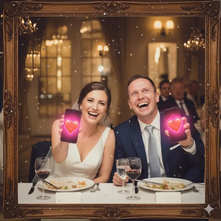 “Modern wedding couple holding phones with heart emojis.”