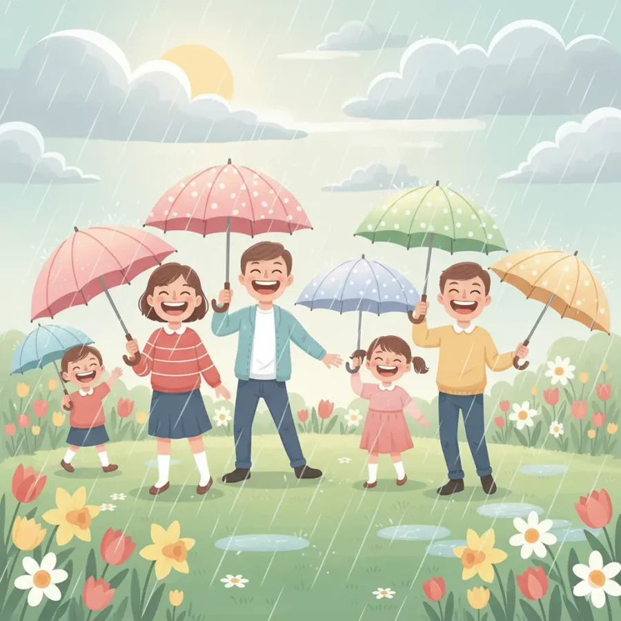 “Funny spring illustration with people laughing under umbrellas surrounded by rain, sunshine, and blooming flowers.”