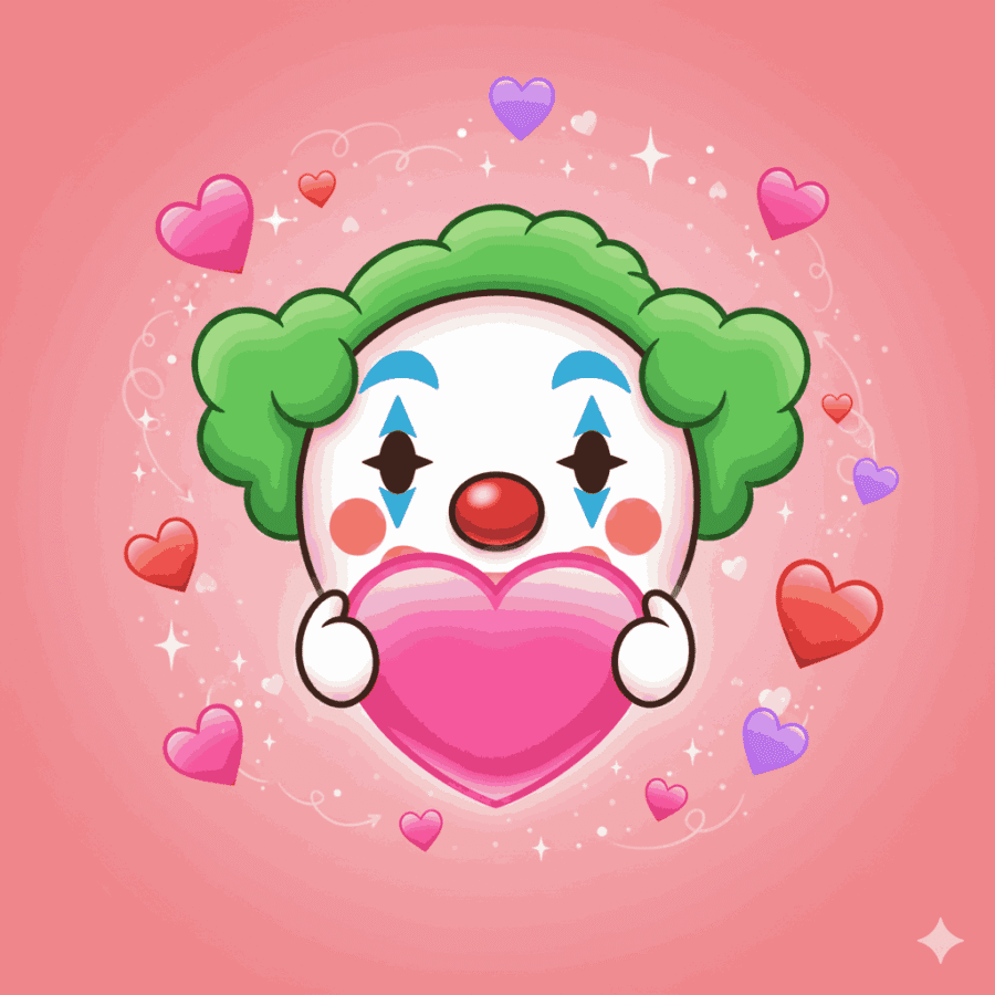 "Romantic joker emoji holding a heart, surrounded by sparkles and love-themed elements for sweet captions."