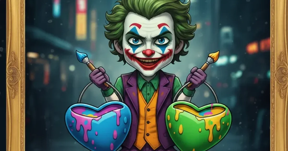 Cute Joker surrounded by pink, green, and purple hearts.