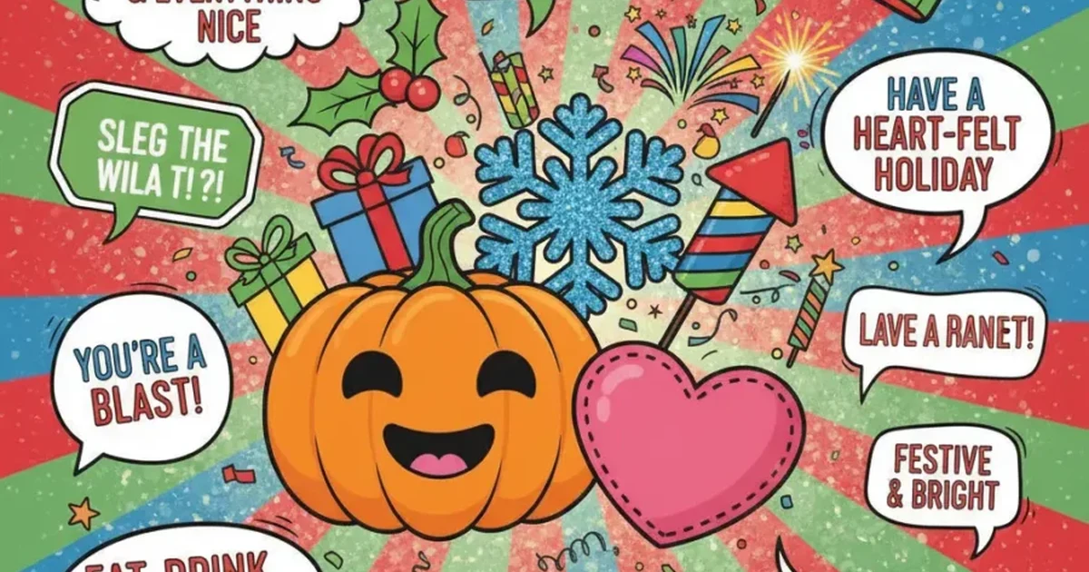 “Colorful seasonal and holiday puns with festive icons like pumpkins, snowflakes, and hearts creating a joyful celebration vibe.”