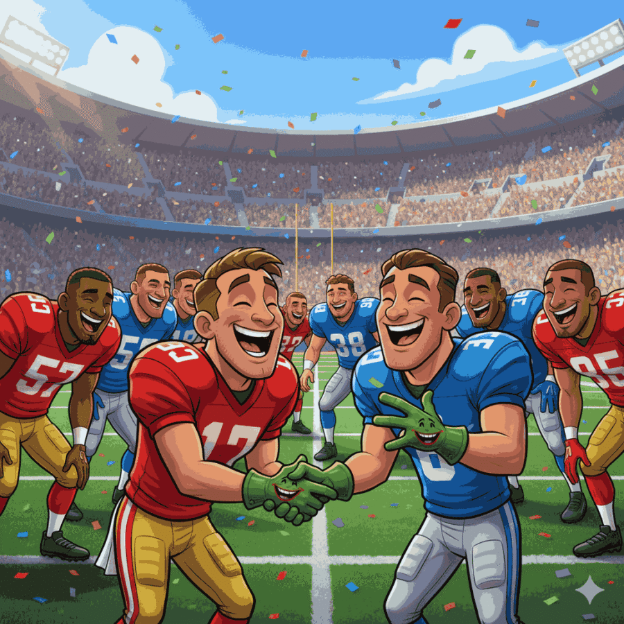Cartoon rival football teams laughing and shaking hands after a funny play, with one player wearing Joker gloves.
