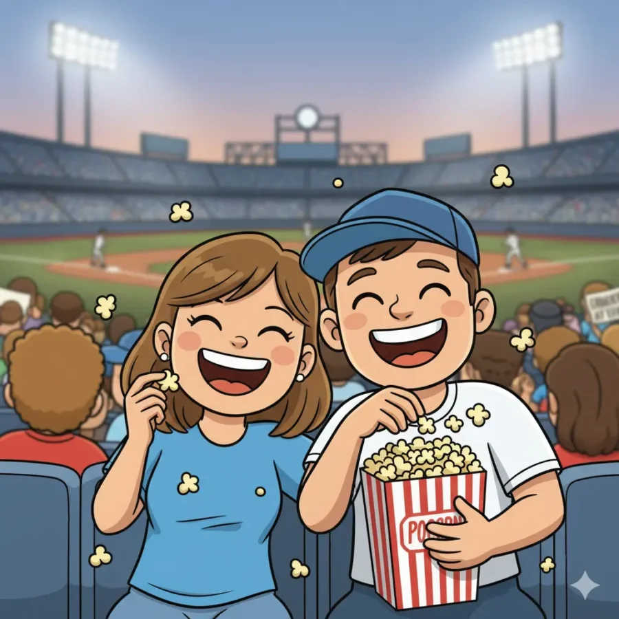 Couple laughing together at a baseball stadium, funny romantic baseball jokes.