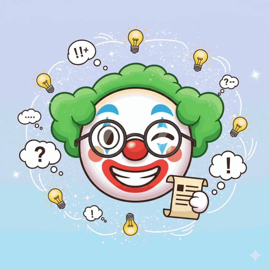 "Clever joker emoji with glasses and lightbulbs, representing witty ideas and funny puns for captions."