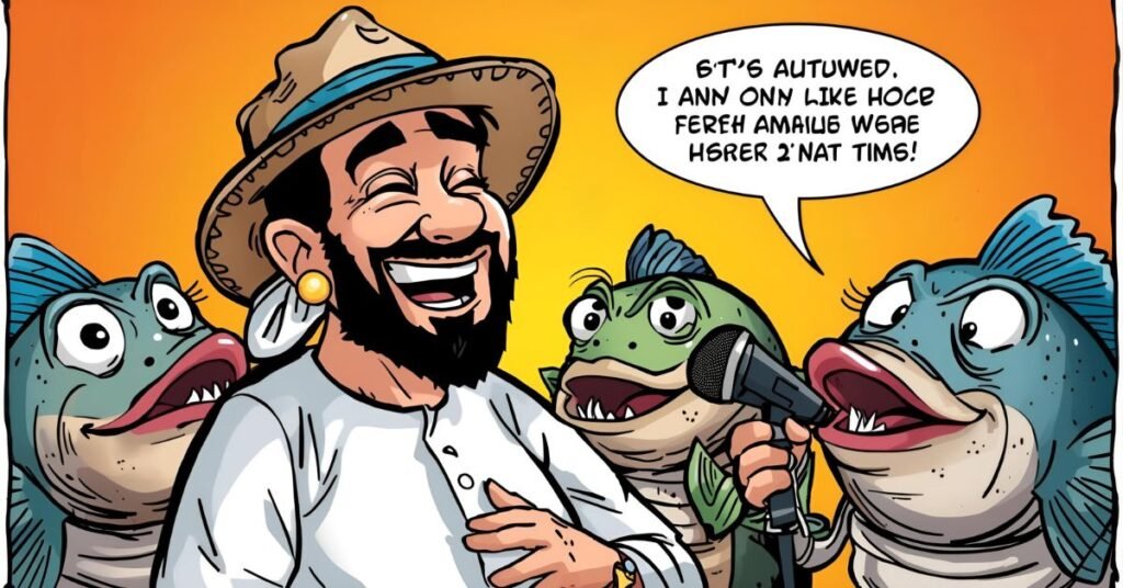 A cartoon fisherman in a straw hat laughing with funny fish around him, one fish holding a microphone and telling jokes in a bright, playful comic scene.