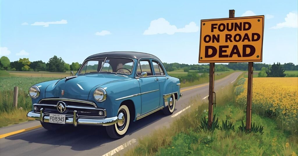Vintage blue Ford car with funny “Found On Road Dead” sign on rural road.