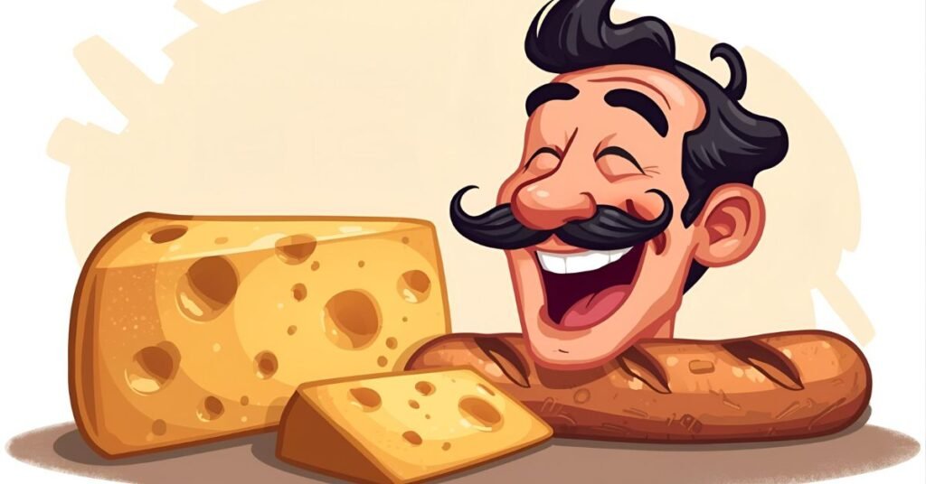 “Classic French jokes illustration with a mime, croissant, and Eiffel Tower sharing laughter in Paris.”