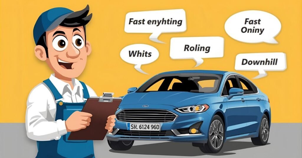 Mechanic with clipboard beside Ford car and funny acronym bubbles.