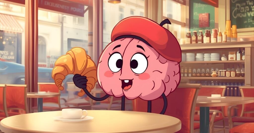 A cartoon brain wearing a beret holding a croissant.
