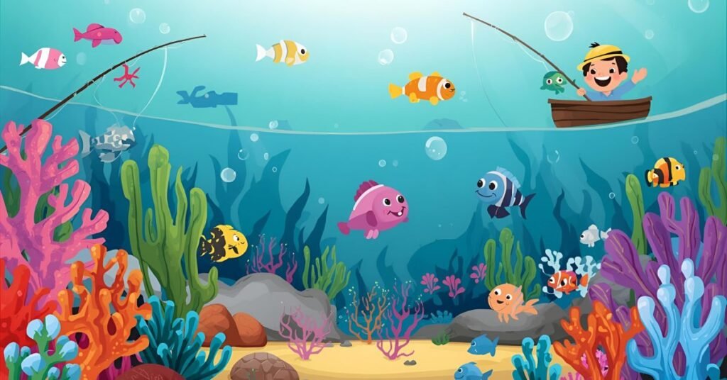 A vibrant underwater scene featuring coral reefs, smiling sea creatures, and a cheerful fisherman waving from the surface in a playful, colorful children’s illustration.