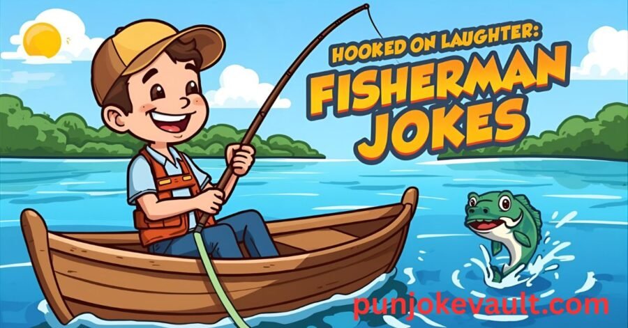 A cheerful cartoon fisherman laughing on a wooden boat while holding a fishing rod with a smiling fish jumping out of the blue lake under a sunny sky.
