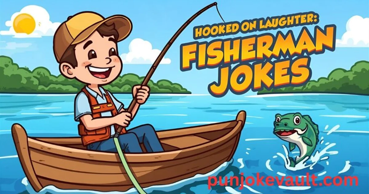 A cheerful cartoon fisherman laughing on a wooden boat while holding a fishing rod with a smiling fish jumping out of the blue lake under a sunny sky.