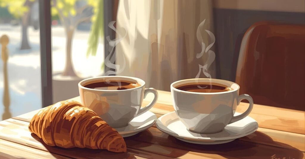 Two steaming cups of coffee chatting with croissants beside them.