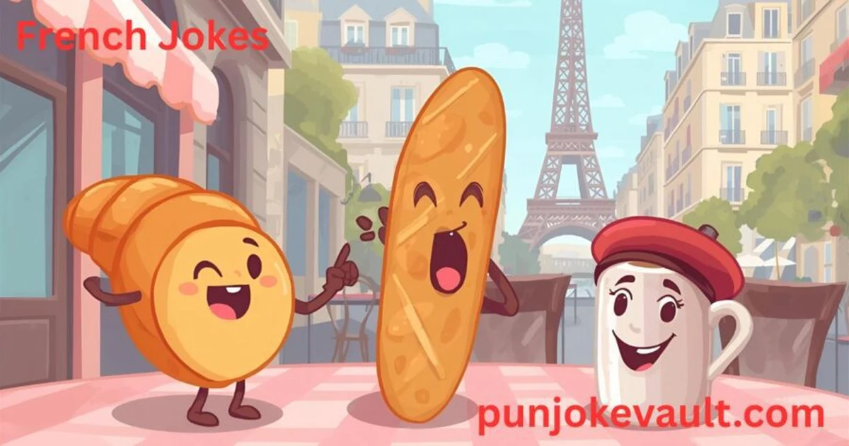 Smiling croissant and baguette laughing together at a Paris café with the Eiffel Tower in the background — a funny and colorful French jokes illustration.