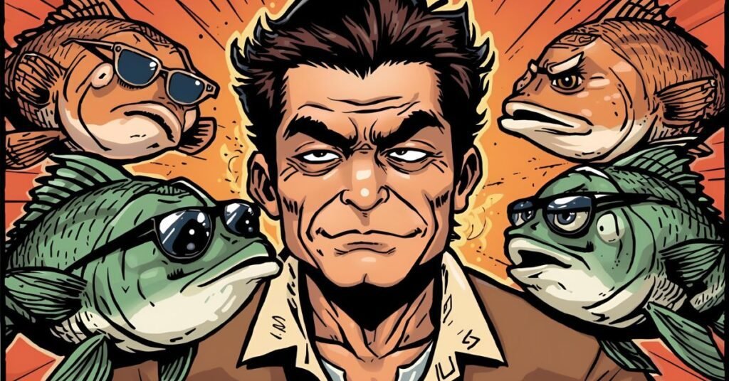 A grumpy fisherman rolling his eyes while funny fish giggle around him, one wearing sunglasses, in a bold, colorful comic-style artwork.