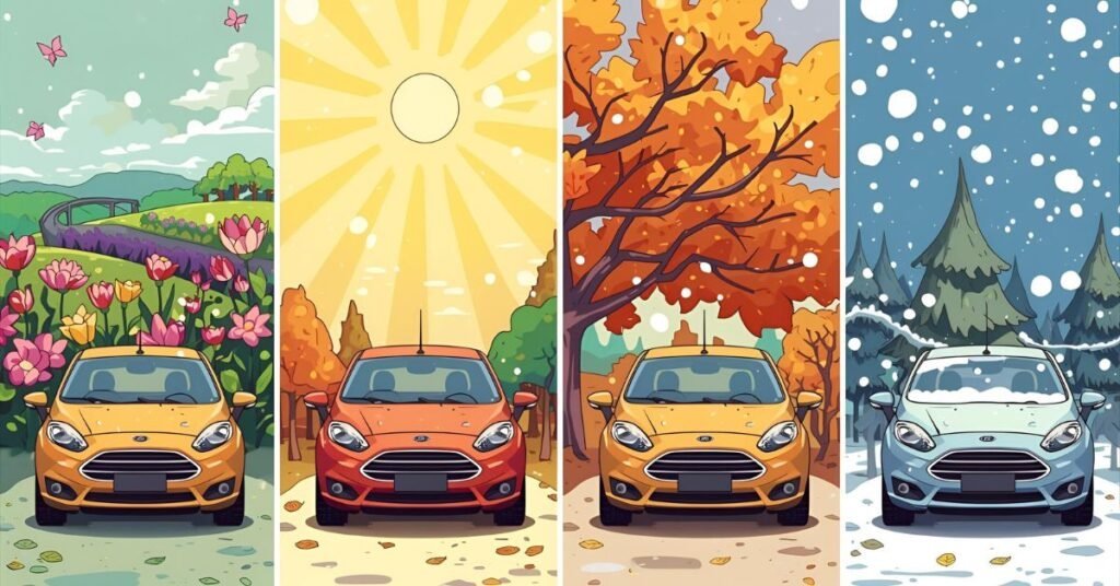 Ford cars in four seasons — spring, summer, autumn, and winter.