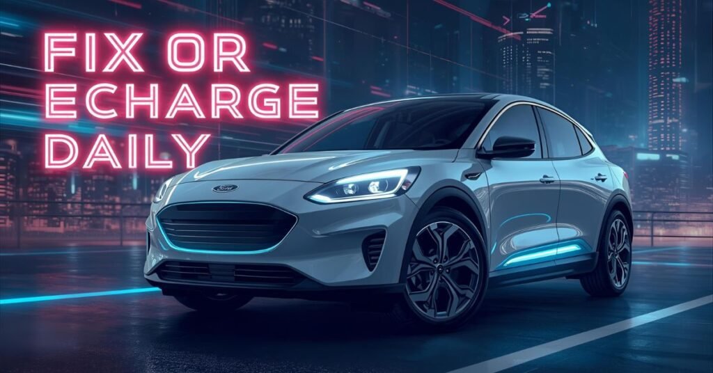 Futuristic Ford EV car with neon text “Fix Or Recharge Daily.”