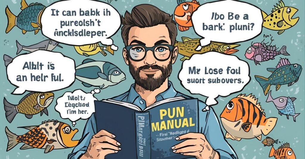 A smart-looking fisherman wearing glasses holding a “pun manual,” surrounded by fish with speech bubbles full of puns, in a bright and witty vector art style.