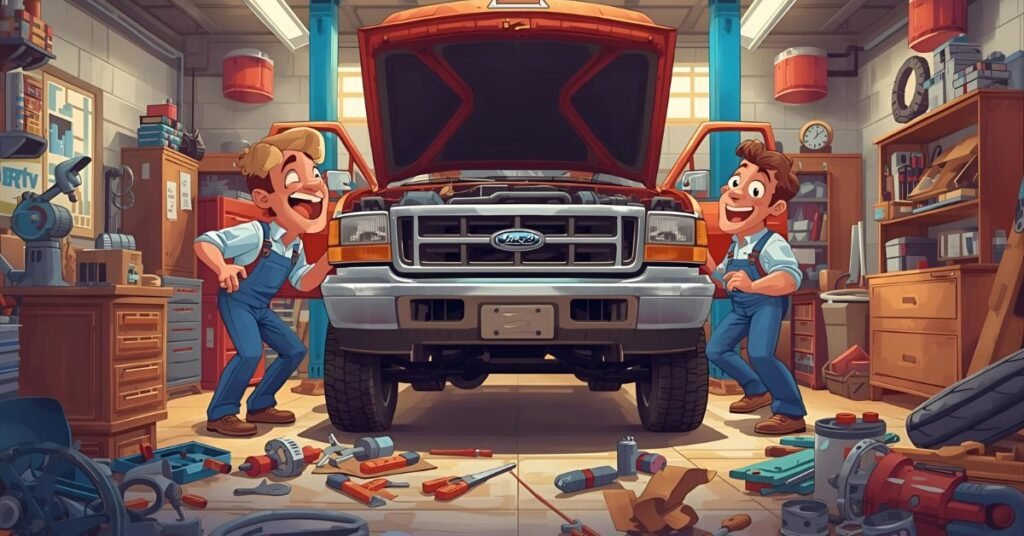 Mechanics laughing while repairing Ford truck in auto shop.