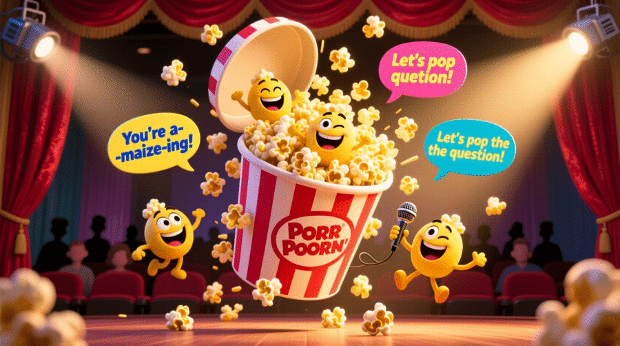 cartoon bucket of popcorn with funny popcorn characters and joke bubbles for popcorn puns and jokes