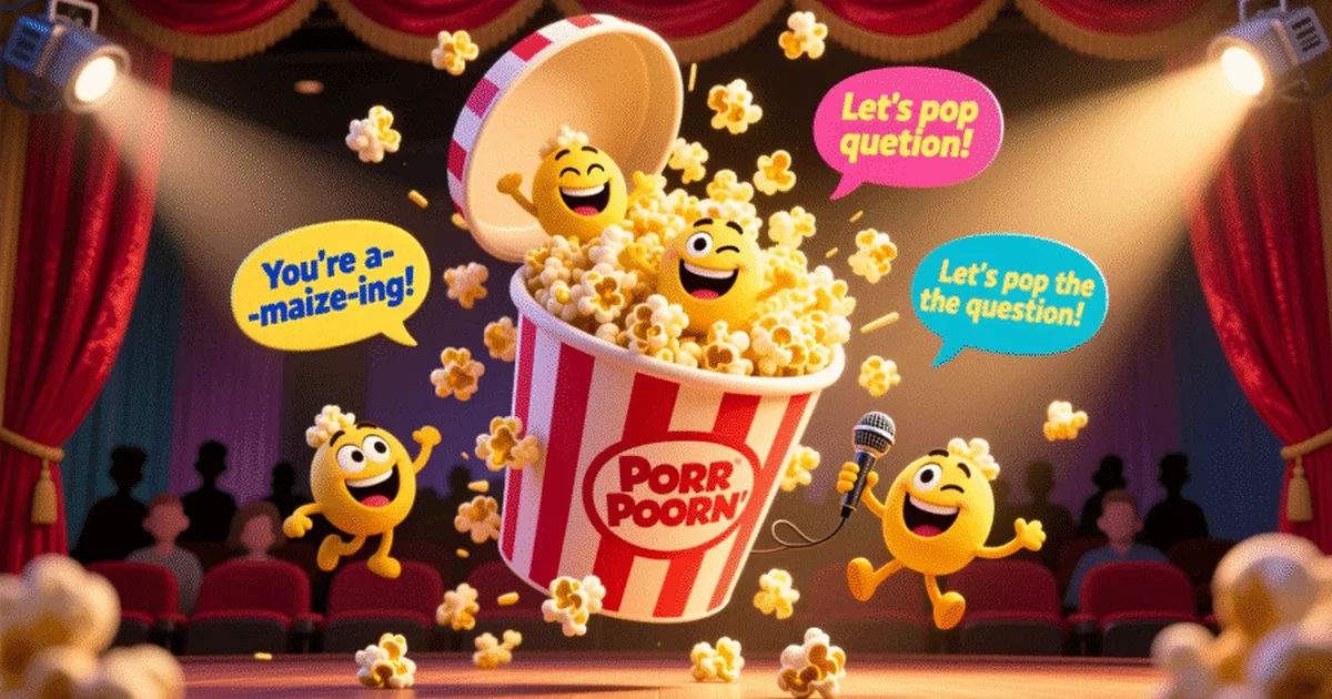 cartoon bucket of popcorn with funny popcorn characters and joke bubbles for popcorn puns and jokes