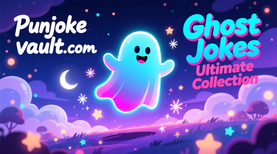 cartoon ghost illustration with punjokevault-com branding and ghost jokes title