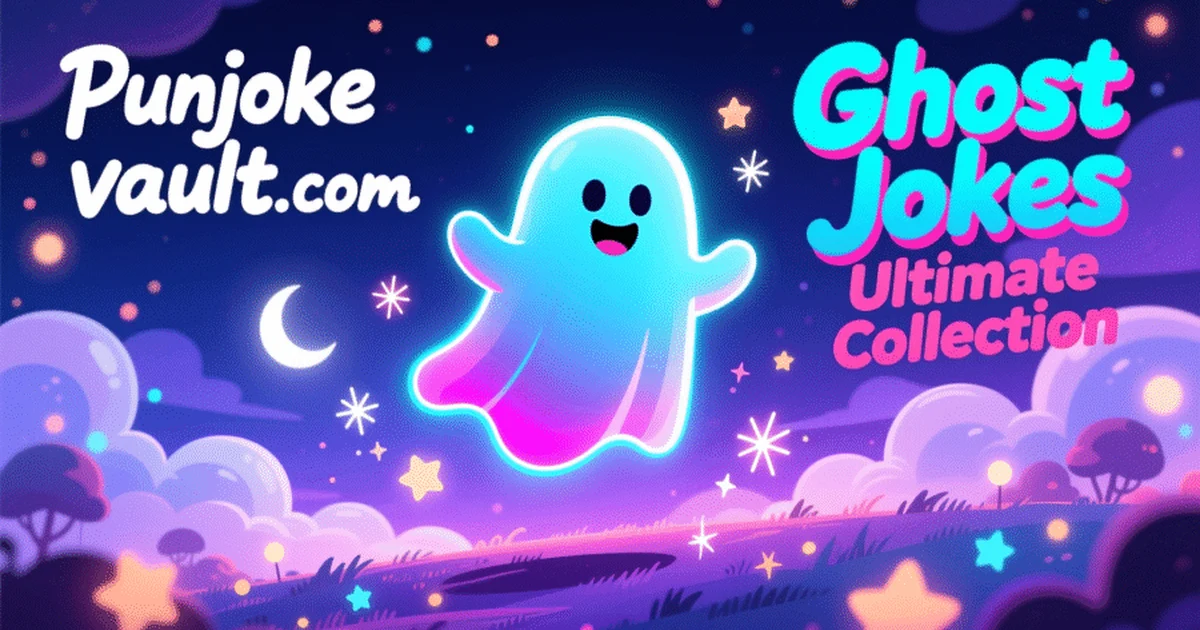 cartoon ghost illustration with punjokevault-com branding and ghost jokes title