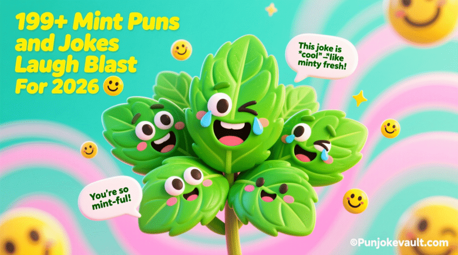 "Illustration of happy cartoon mint leaves with laughter and puns, bright and playful