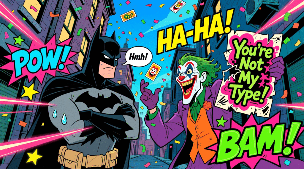 "Batman and Joker in a playful poster battle with colorful comic-style effects